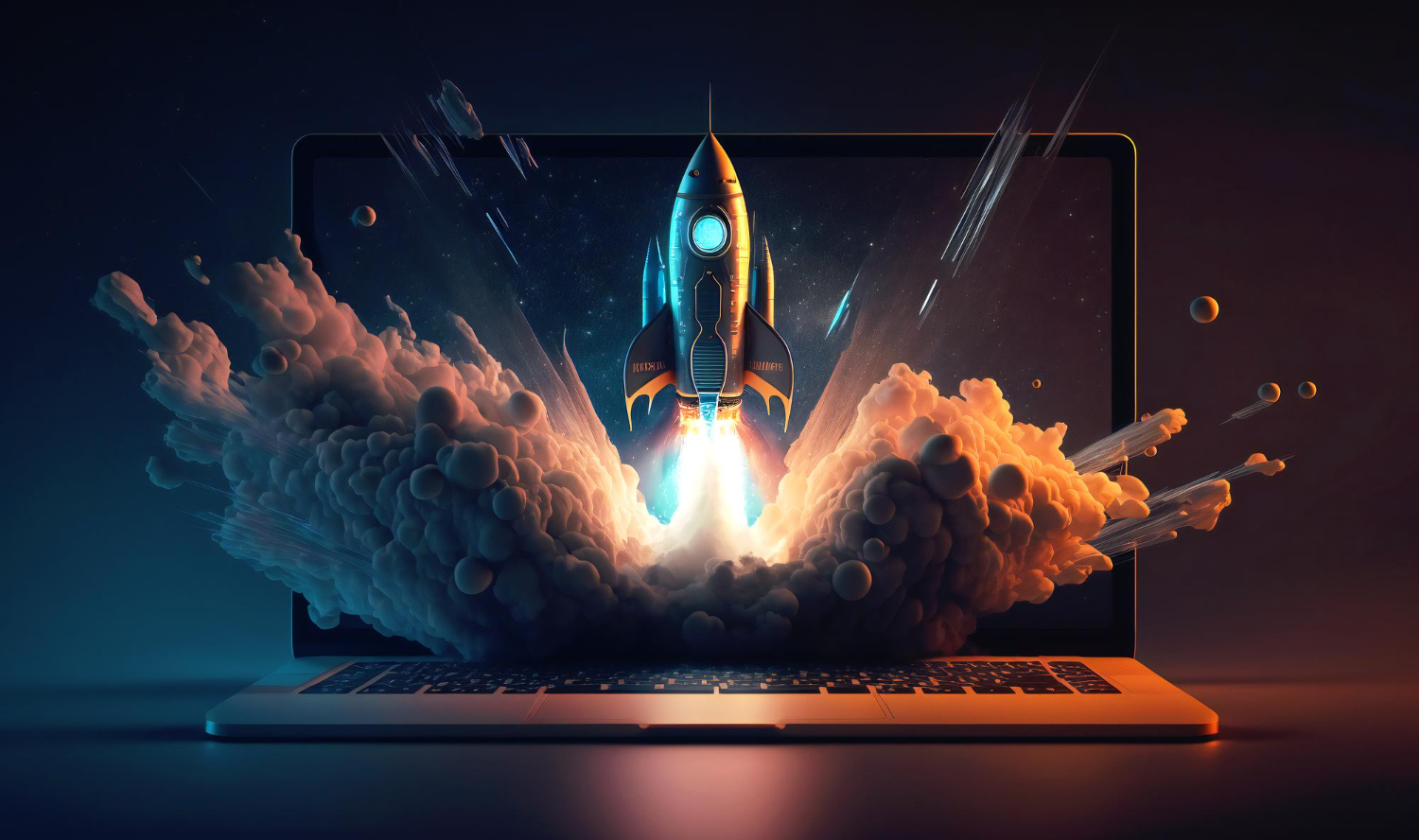 uma-ilustracao-futurista-de-um-foguete-espacial-sendo-lancado-da-tela-de-um-laptop